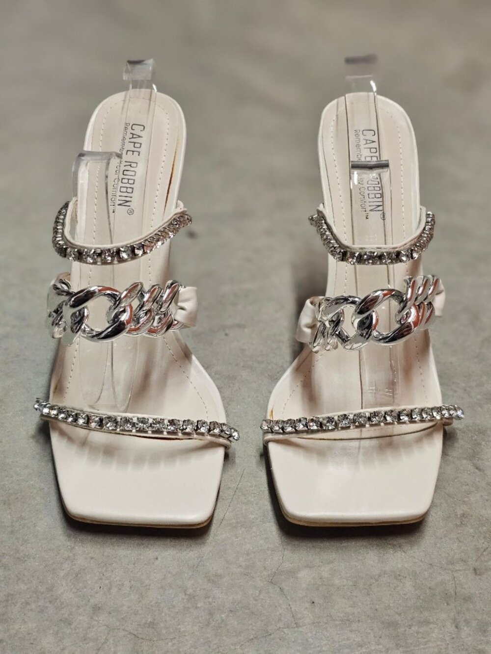 Elegant Rhinestone Chain Strap Stiletto Heels Off White Open Toe Square Toe Desi